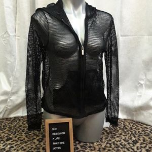 Catalina Sheer Holey Black Zip front hoodie Beach Cover up Work out Yoga Black M